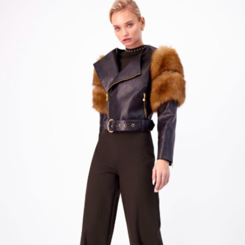Chic Black Leather Jacket with Brown Fur Accents